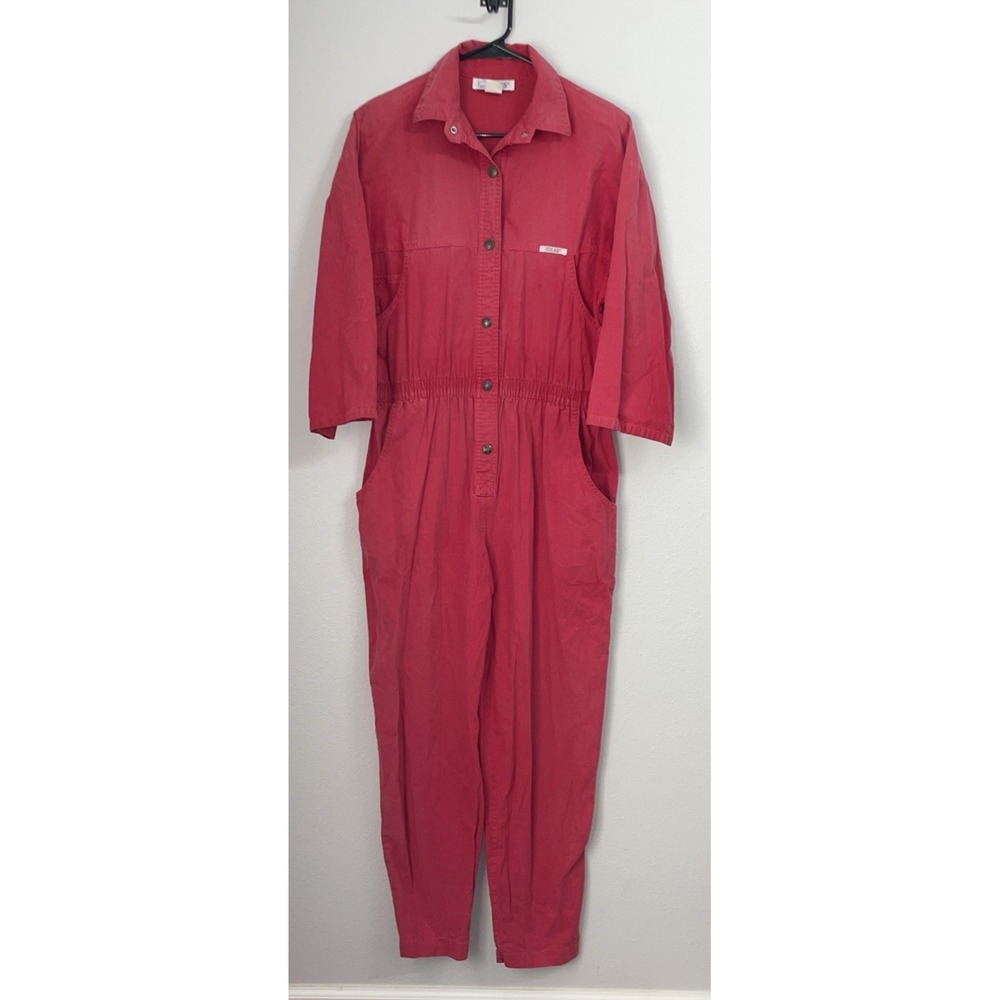 Vtg 80s IDEAS Red Cotton Jumpsuit Large Romper Coveralls Jean Cinched Waist